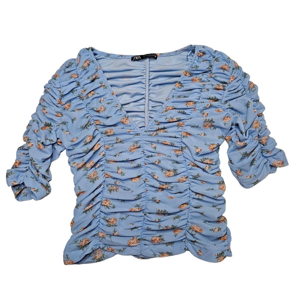Zara Ruched Mesh Top XS Blue Floral Stretch V-Neck Short Sleeve